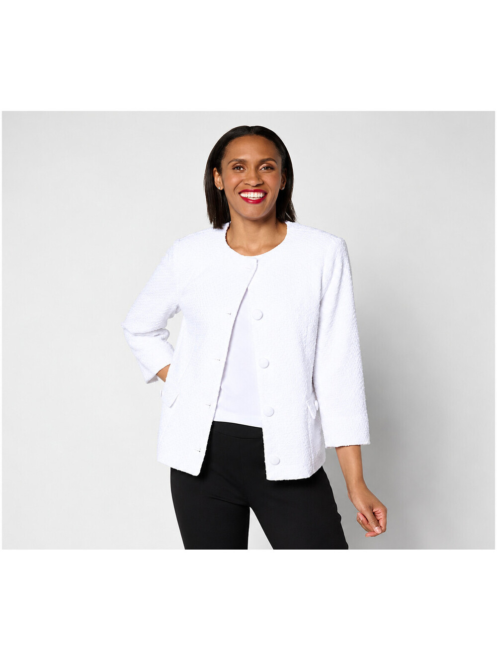 Dennis Basso Rachelle Knit Button Front Jacket with Sparkle Accent White, Medium